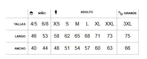 Tabla de tallas de la sudadera
